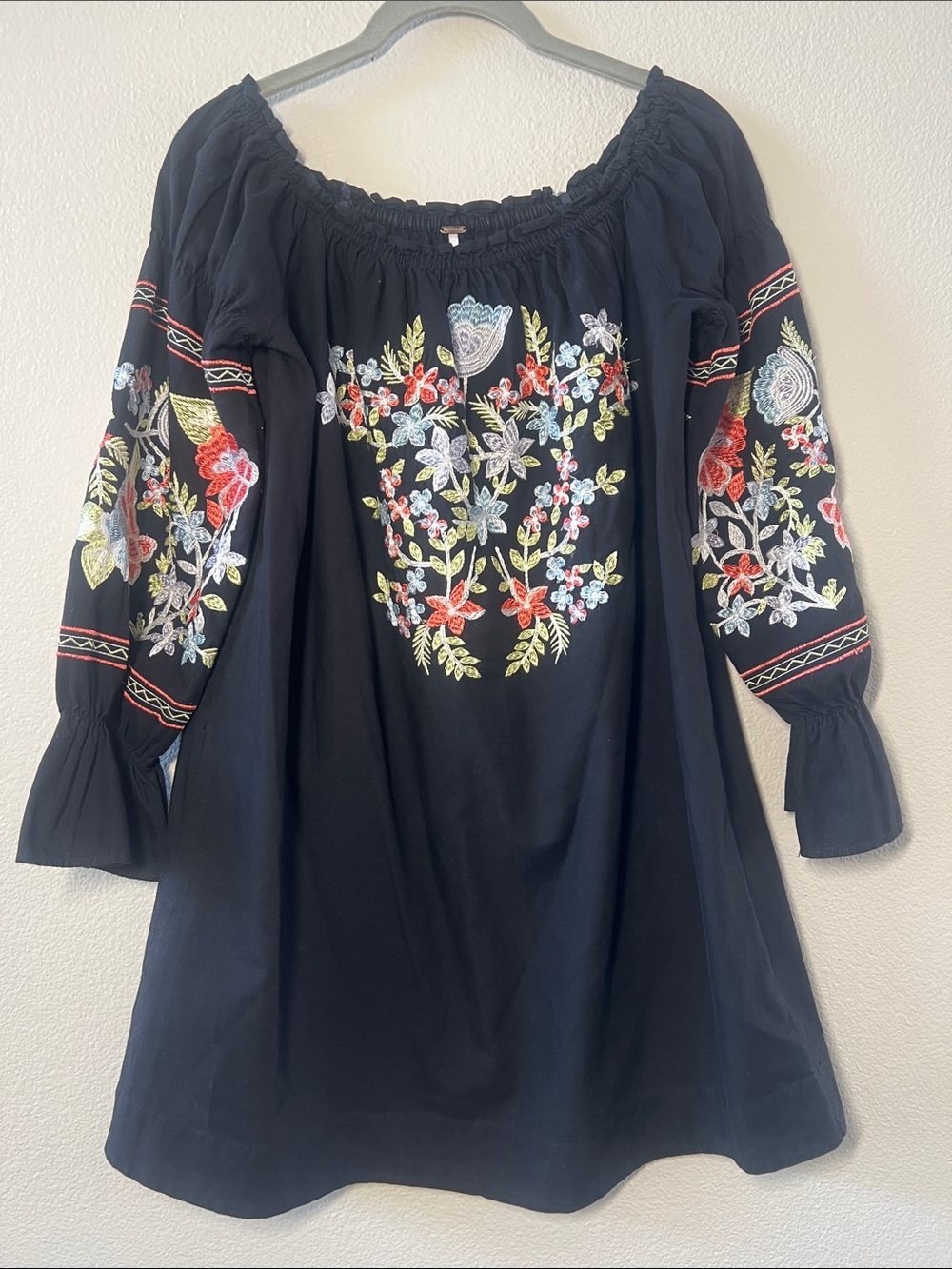 Free People Black Embroidered Floral Mini Dress